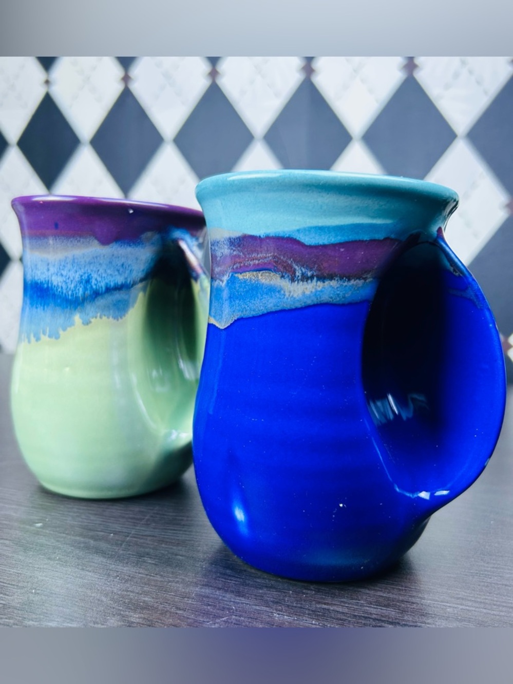 Hand‎ Warmer Mugs Signed Neher Pair Drip Glaze Studio Pottery